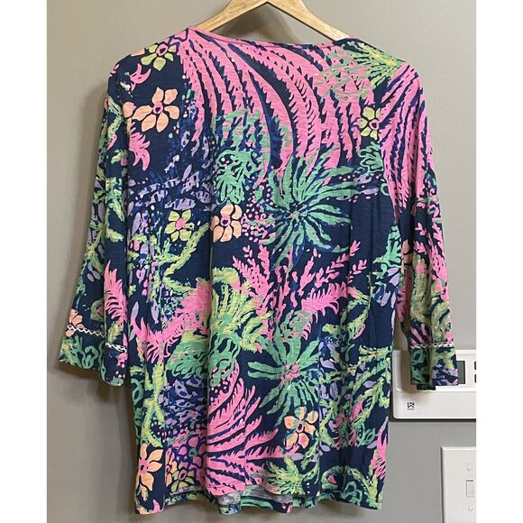 Lilly Pulitzer Top Tilda Tunic Blue‎ Pink Floral 3/4 Sleeves Womens sz Small EUC - Picture 4 of 11